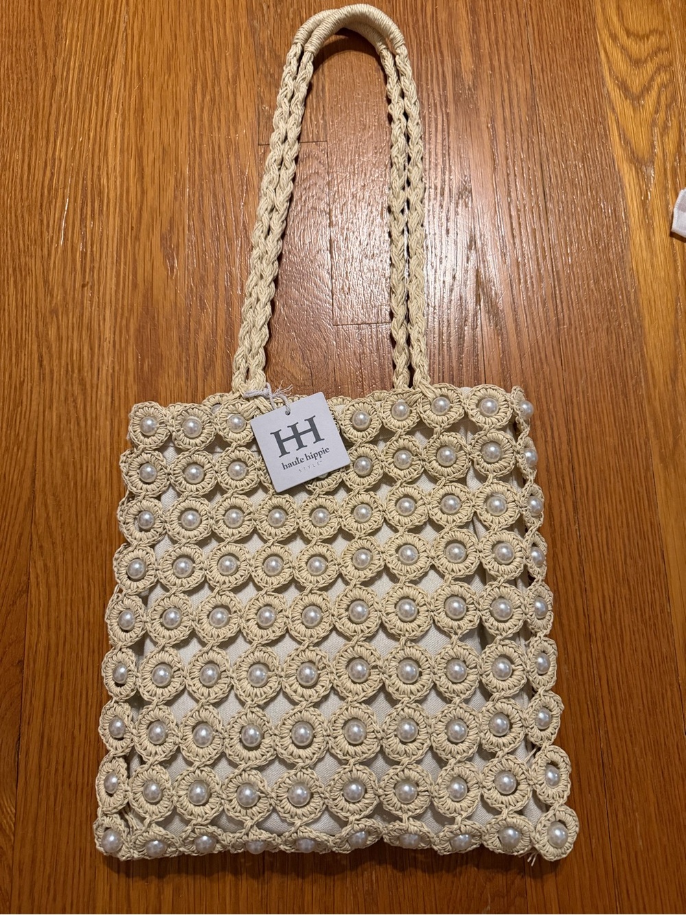 Haute Hippie Cream Crochet Tote with Pearl Accents